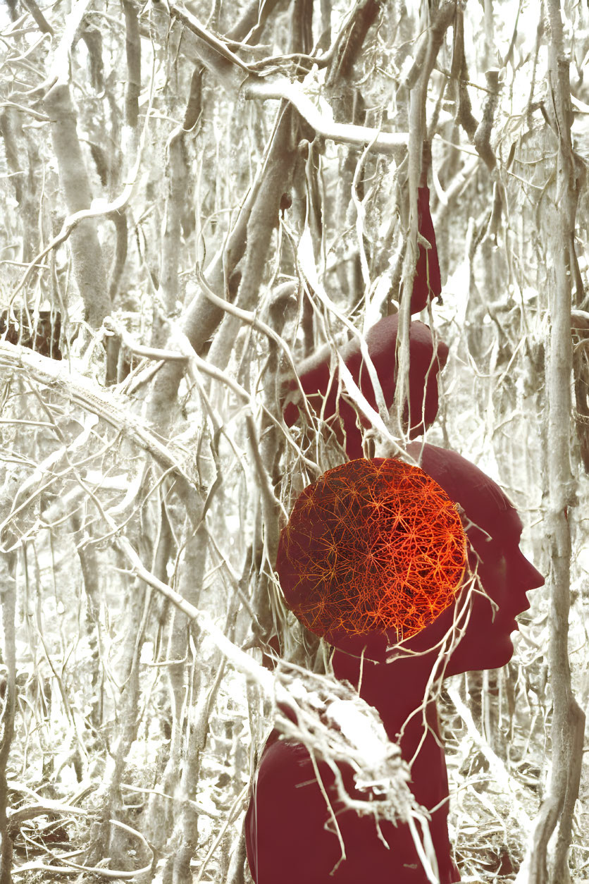 Infrared-style image of person with mesh brain illustration among white branches