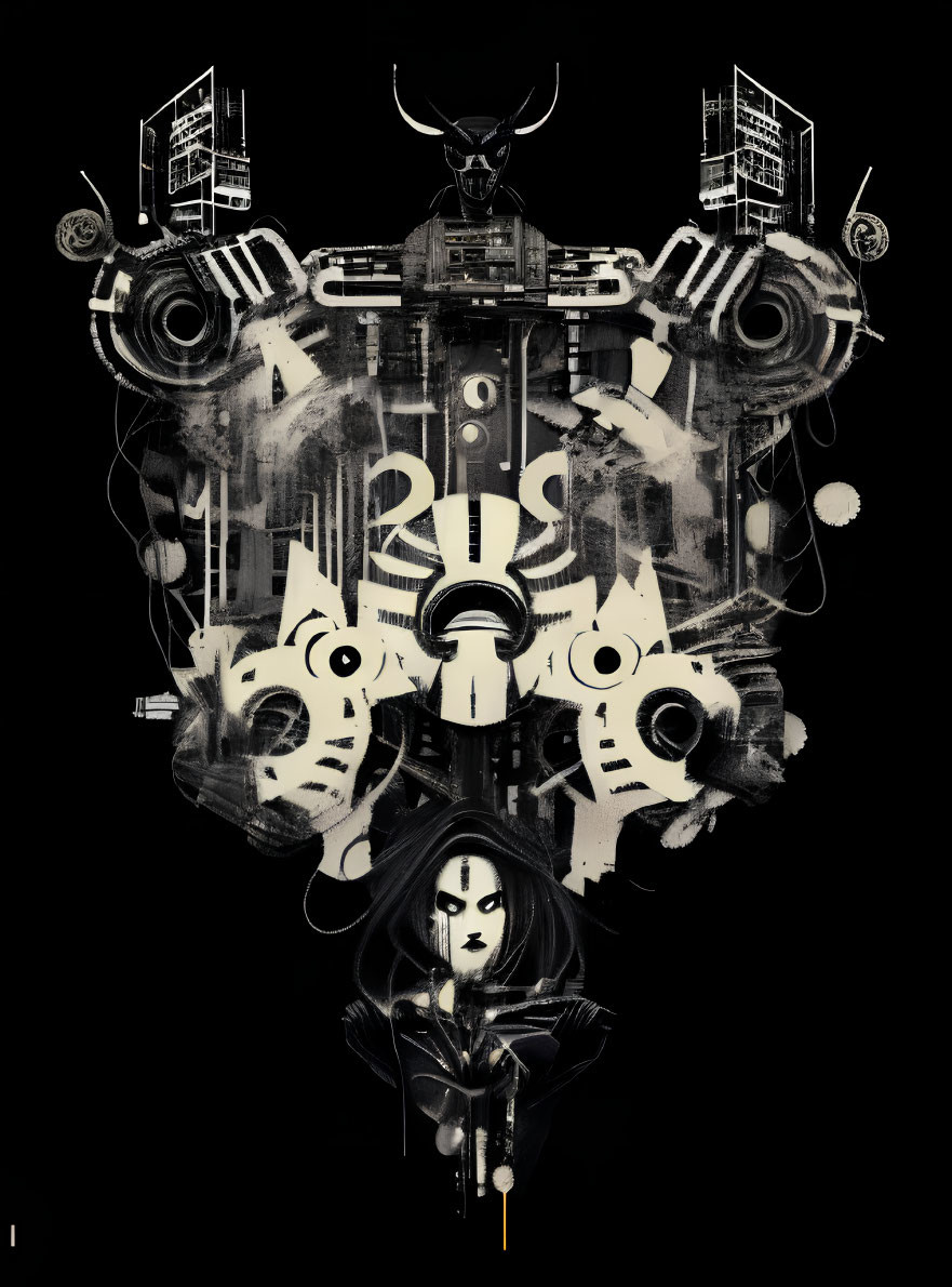 Symmetrical dark-themed illustration with gothic figure and mechanical elements