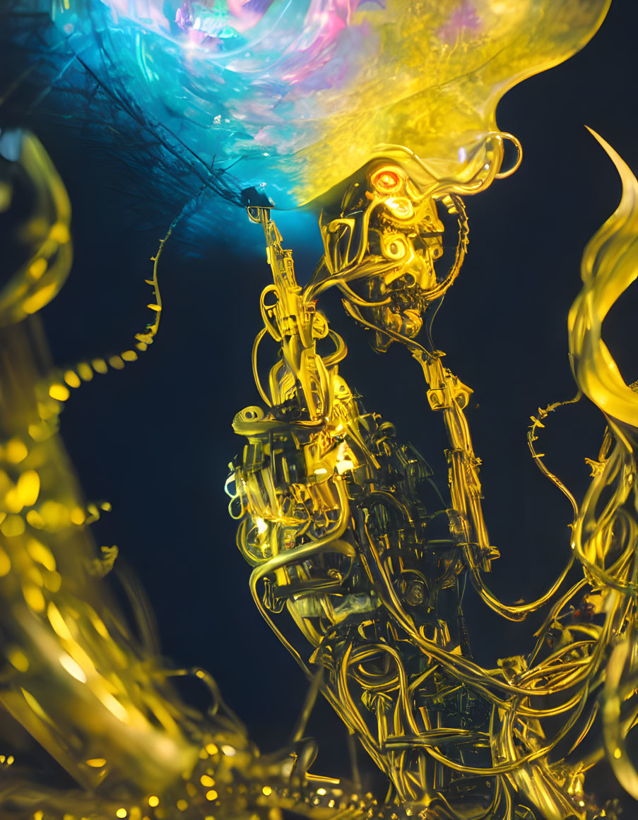 Colorful saxophone-shaped mechanical structure on dark background with light reflections