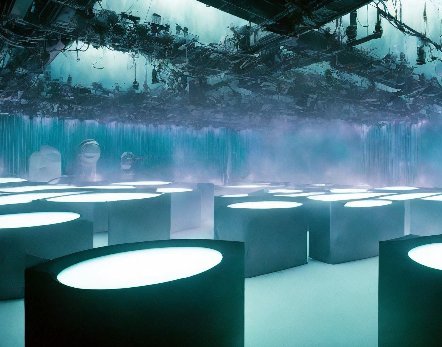 Futuristic illuminated room with circular platforms and intricate ceiling.