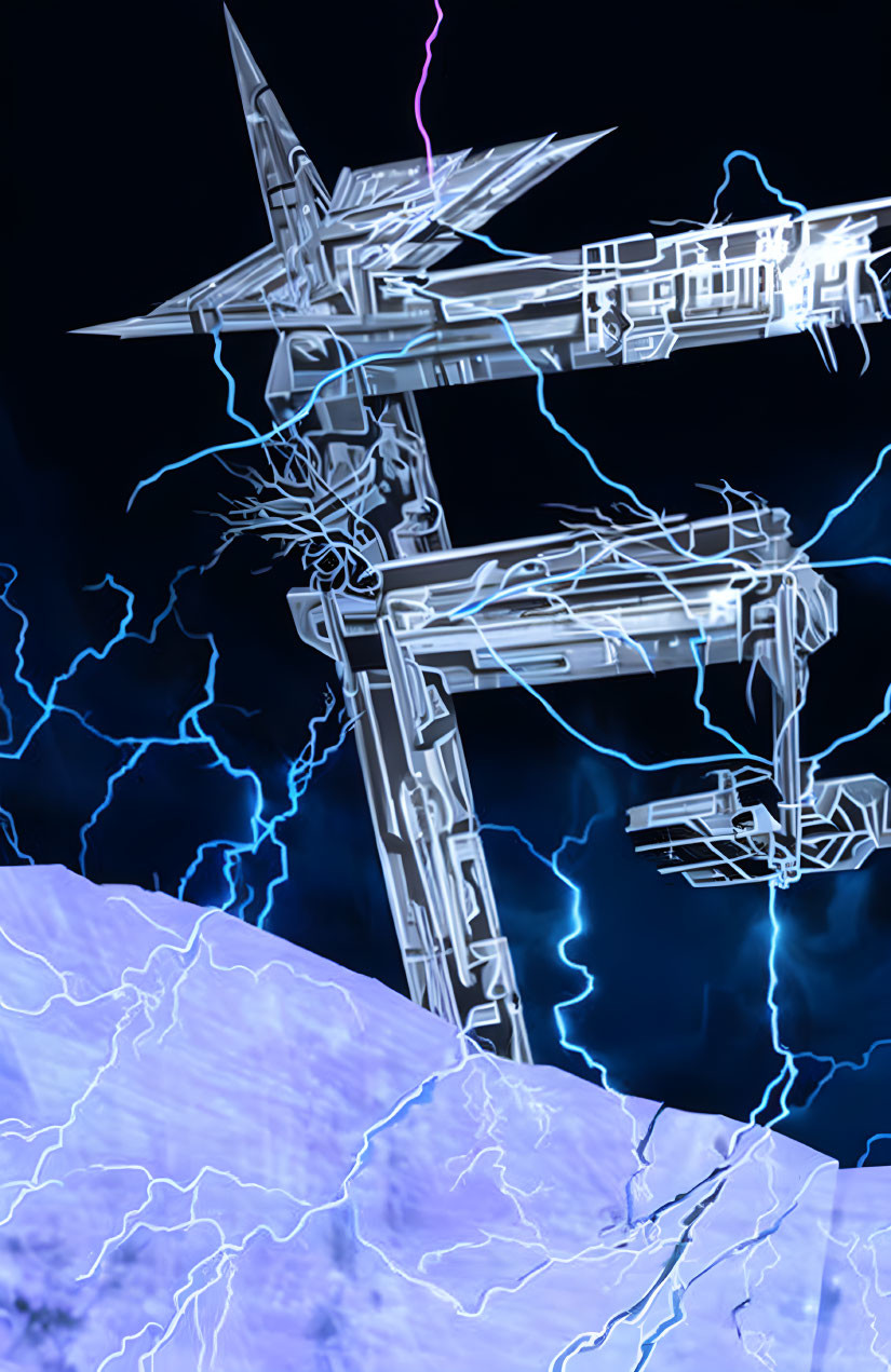 Futuristic digital art of angular structure with electric blue lightning