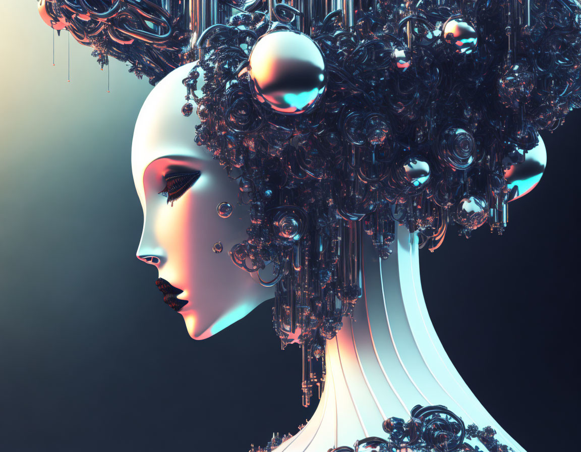 Digital artwork of female figure with metallic ornate head decorations in futuristic style