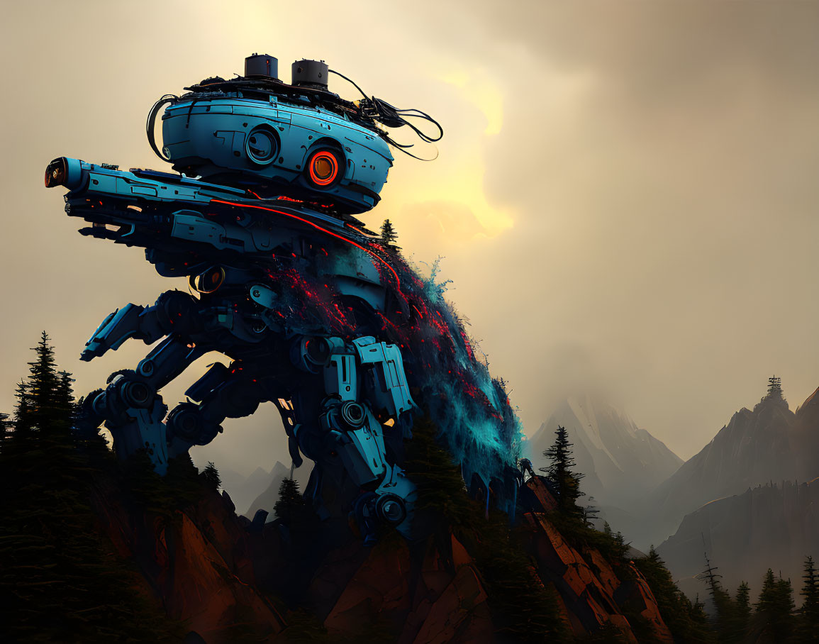 Giant blue mech with red details in misty mountain forest scene