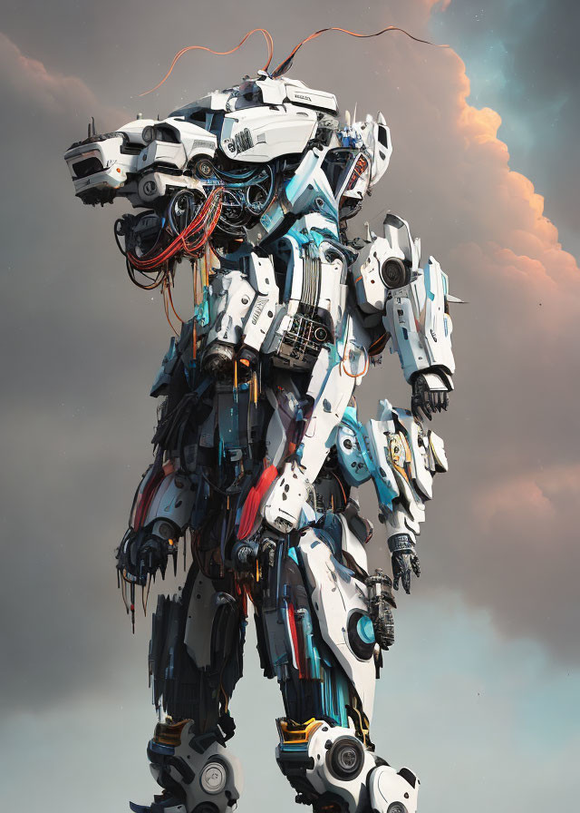 Intricate white and blue armored robot against cloudy sky