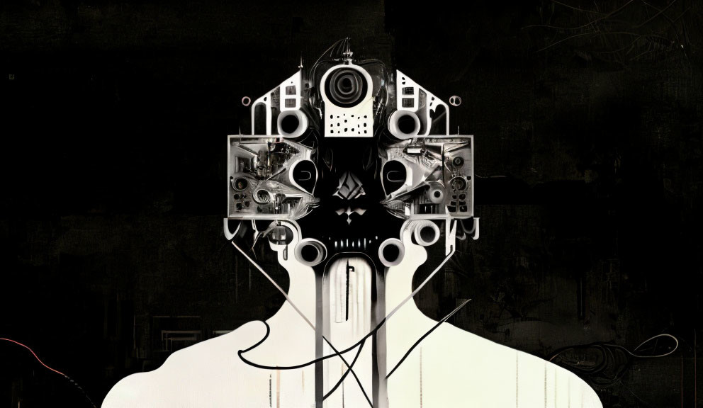 Monochromatic head silhouette with intricate mechanical details suggesting artificial intelligence.