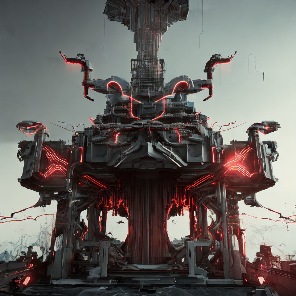 Foreboding futuristic structure in gloomy sky with red accents