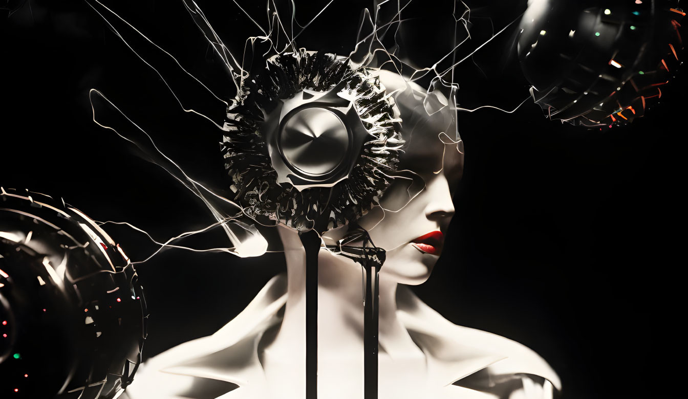 Futuristic mannequin with glossy finish and artistic black eye covering surrounded by abstract wire-like structures