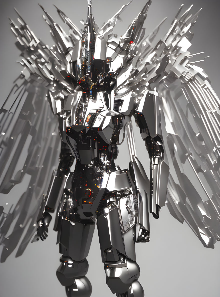 Futuristic robot with sleek metallic body and intricate spikes.