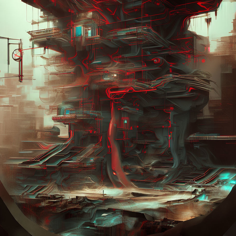 Intricate futuristic structure with red neon lights