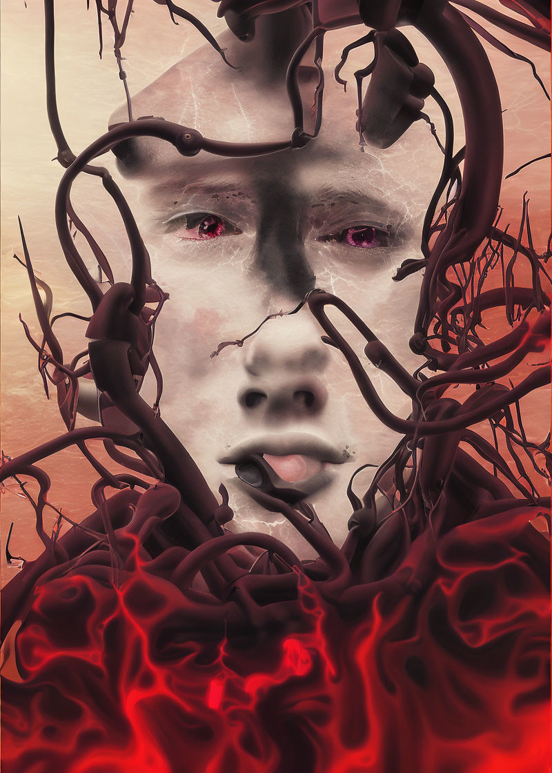 Surreal portrait: face with red eyes in dark branches on fiery red backdrop