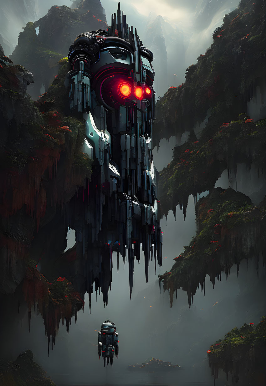 Dark futuristic spaceship with red accents hovers over misty mountain landscape