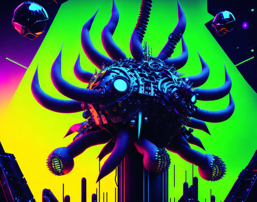 Colorful Digital Art: Mechanical Octopus in Neon Space