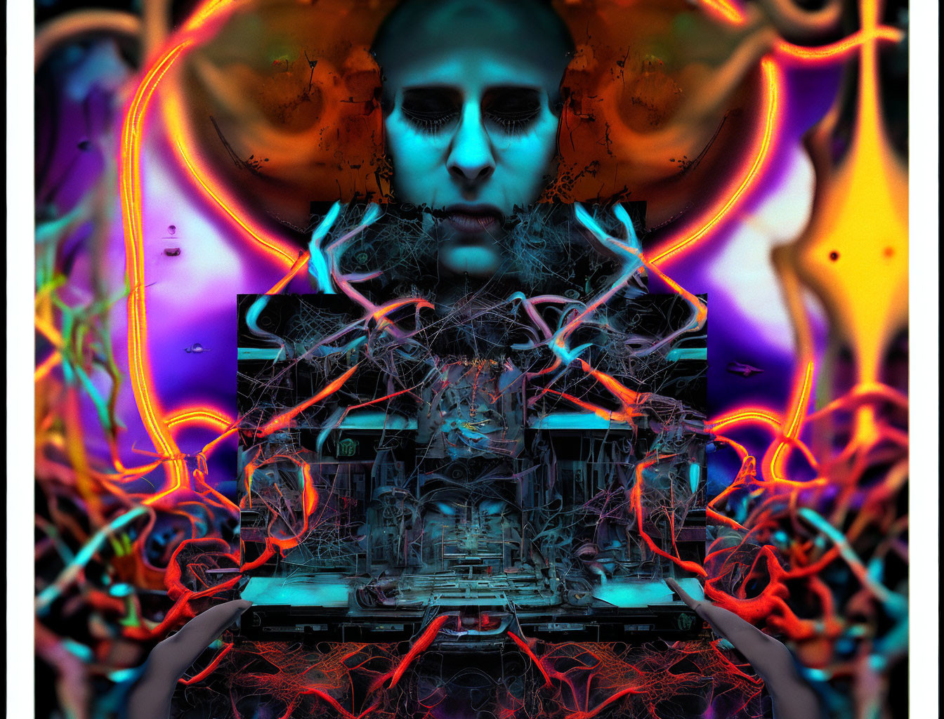 Skull-like face above vibrant neon circuitry and abstract shapes