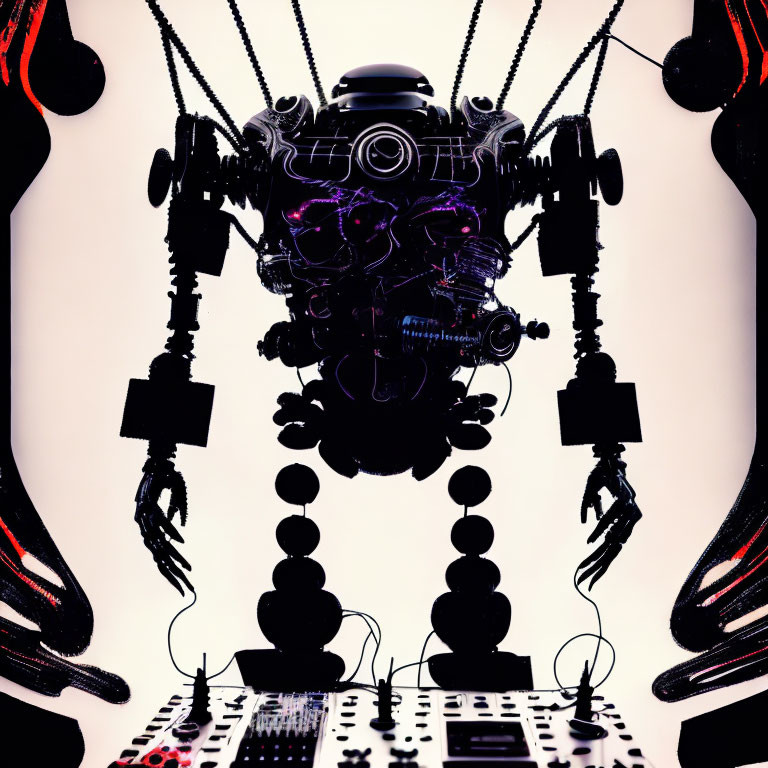 Symmetrical robotic figure with cables and mechanical parts on white backdrop above control panel