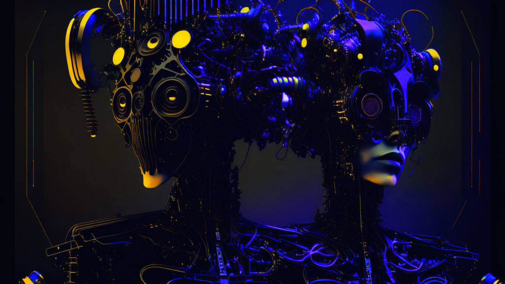 Detailed robotic heads in neon lights on dark background