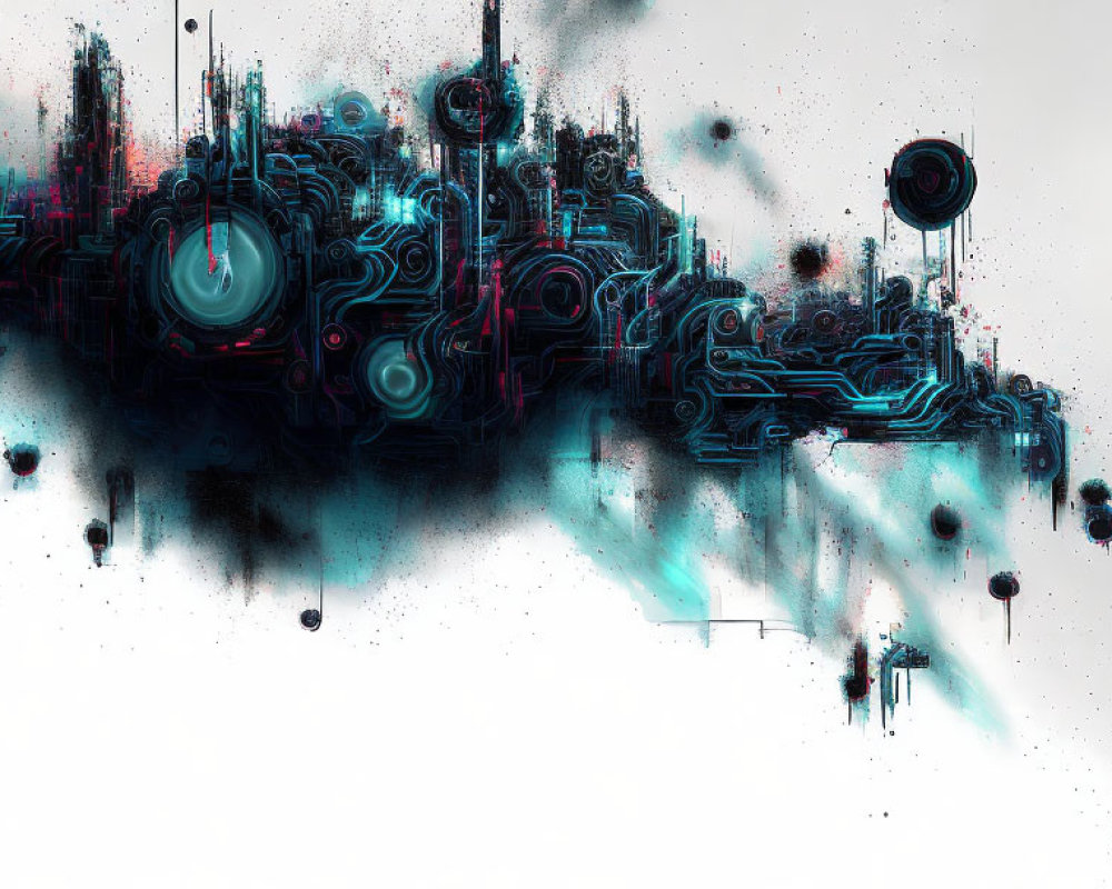 Abstract digital artwork of intricate cybernetic structures with neon blue and pink highlights on a black and white