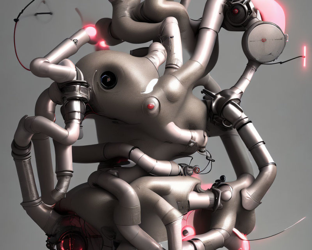 Intricate 3D robotic tendrils with red accents on grey background