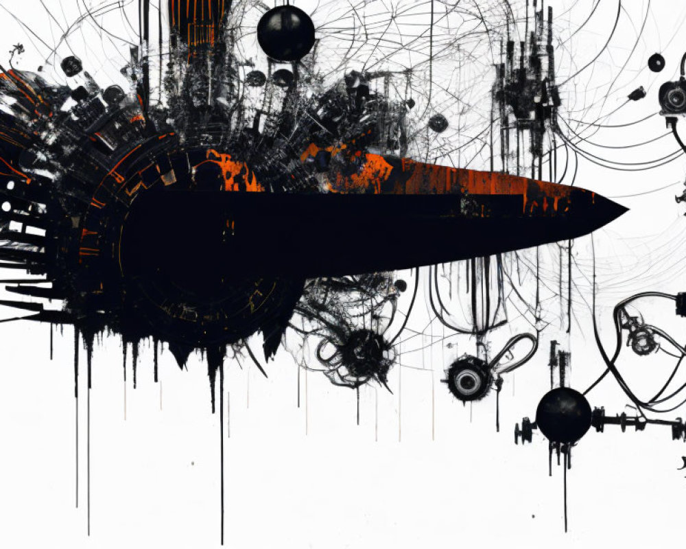 Monochrome abstract art with orange accents of mechanical and urban motifs.