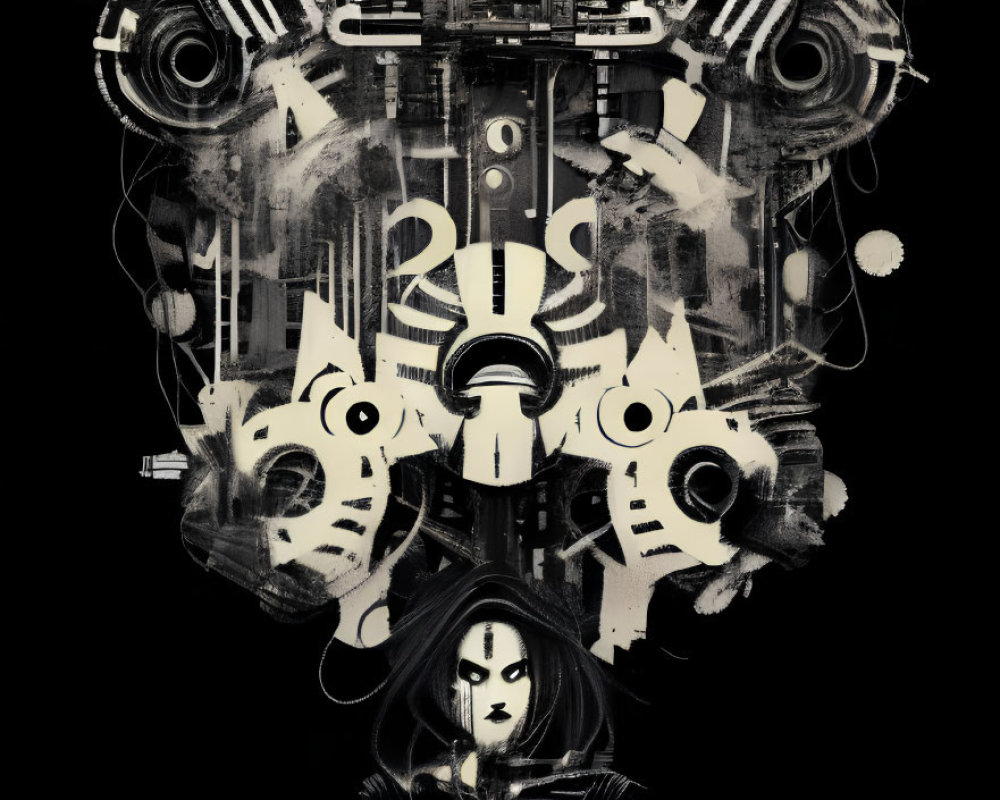 Symmetrical dark-themed illustration with gothic figure and mechanical elements