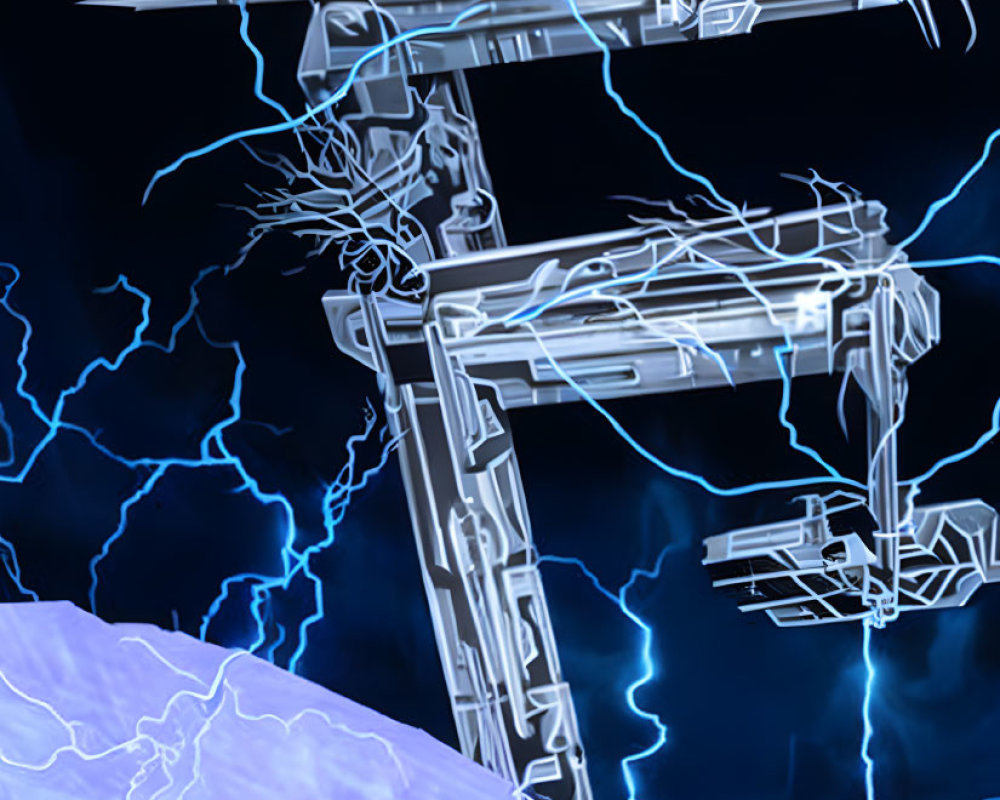 Futuristic digital art of angular structure with electric blue lightning