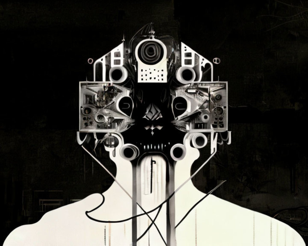 Monochromatic head silhouette with intricate mechanical details suggesting artificial intelligence.