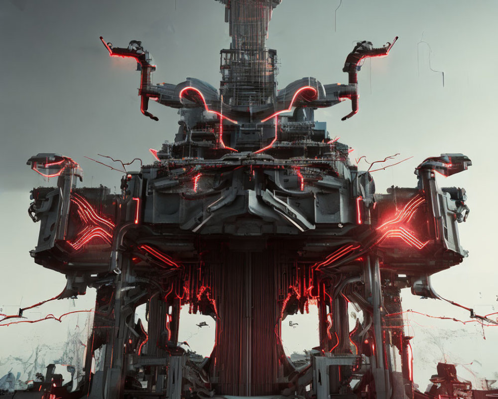 Foreboding futuristic structure in gloomy sky with red accents