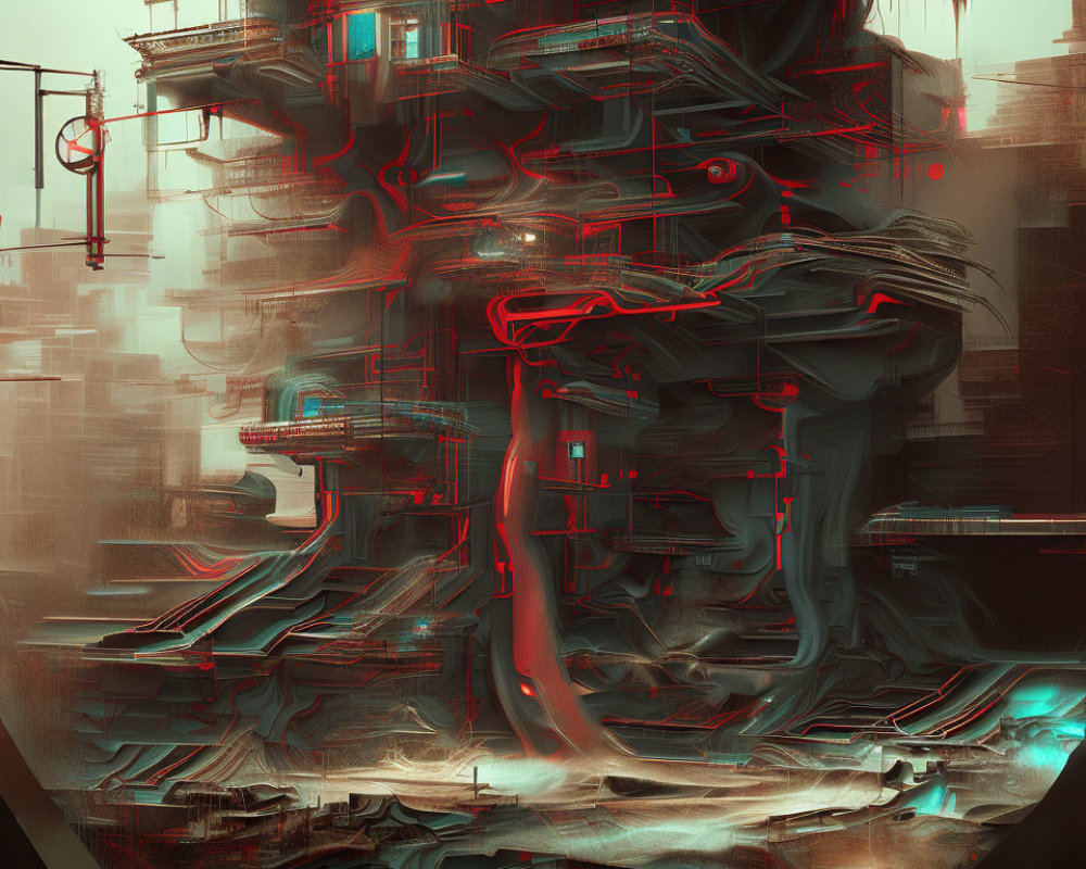 Intricate futuristic structure with red neon lights