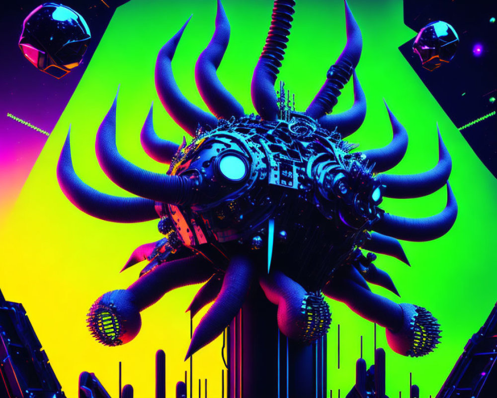 Colorful Digital Art: Mechanical Octopus in Neon Space