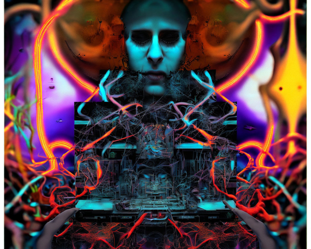 Skull-like face above vibrant neon circuitry and abstract shapes