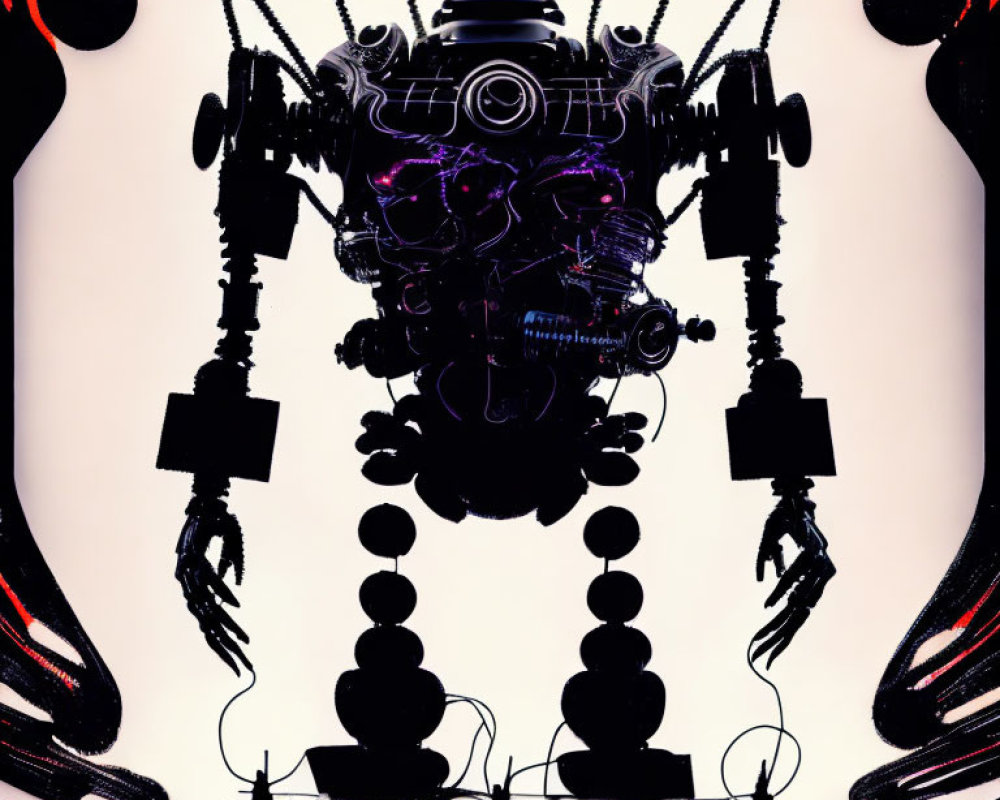 Symmetrical robotic figure with cables and mechanical parts on white backdrop above control panel