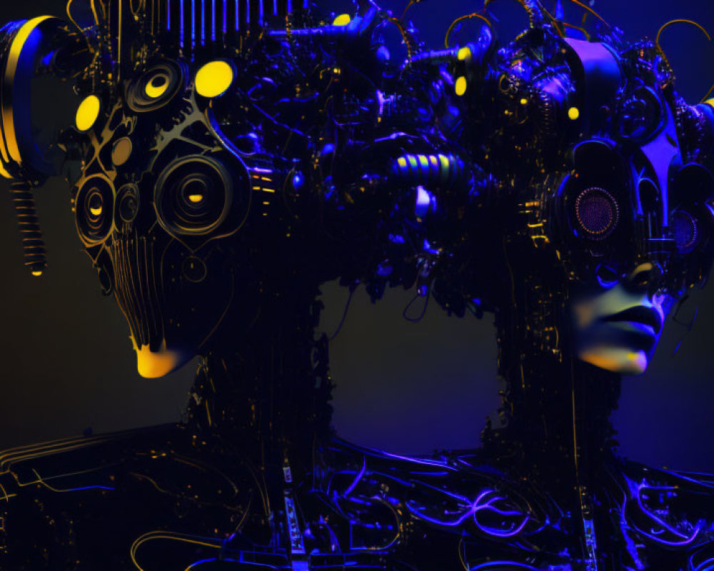 Detailed robotic heads in neon lights on dark background