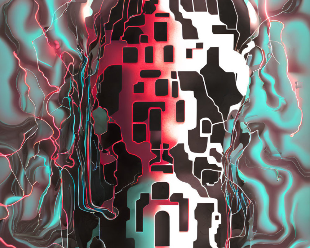 Digital art: Human silhouette with circuit pattern on head in neon backdrop