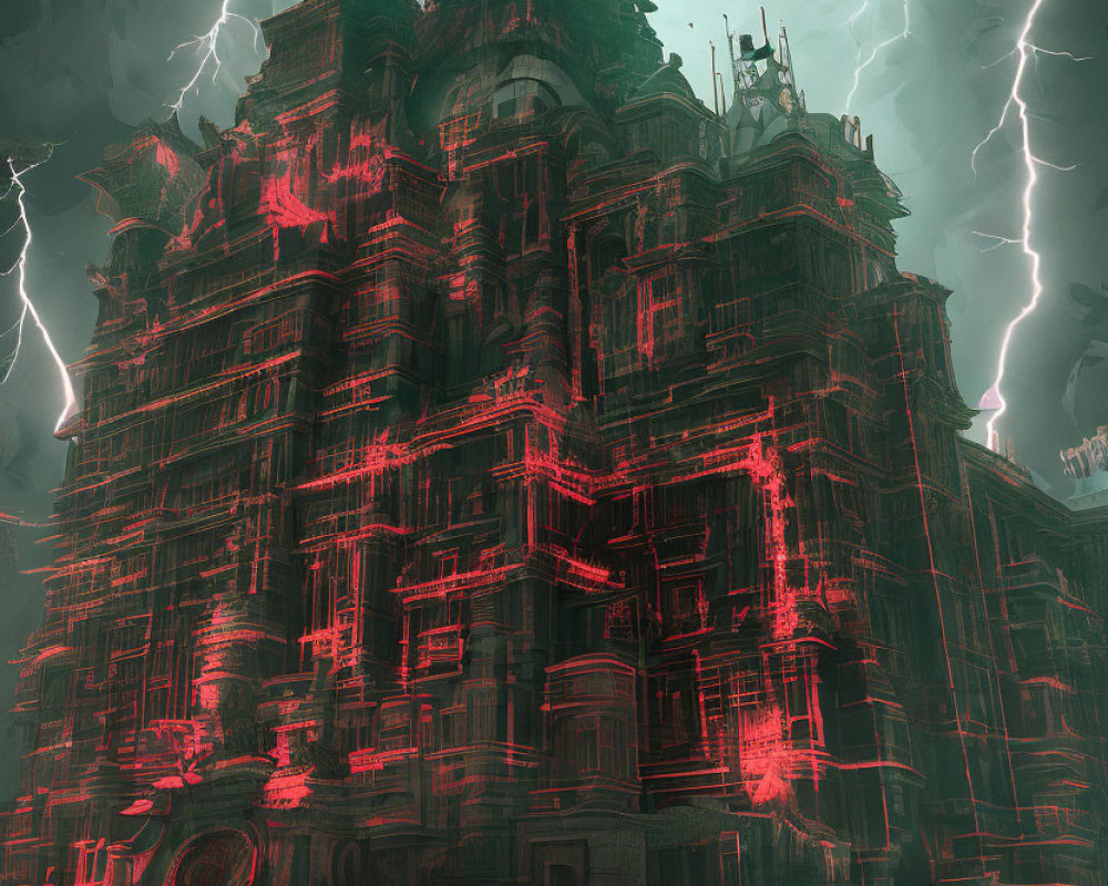 Dark Cyberpunk Building with Red Neon Lights in Stormy Sky