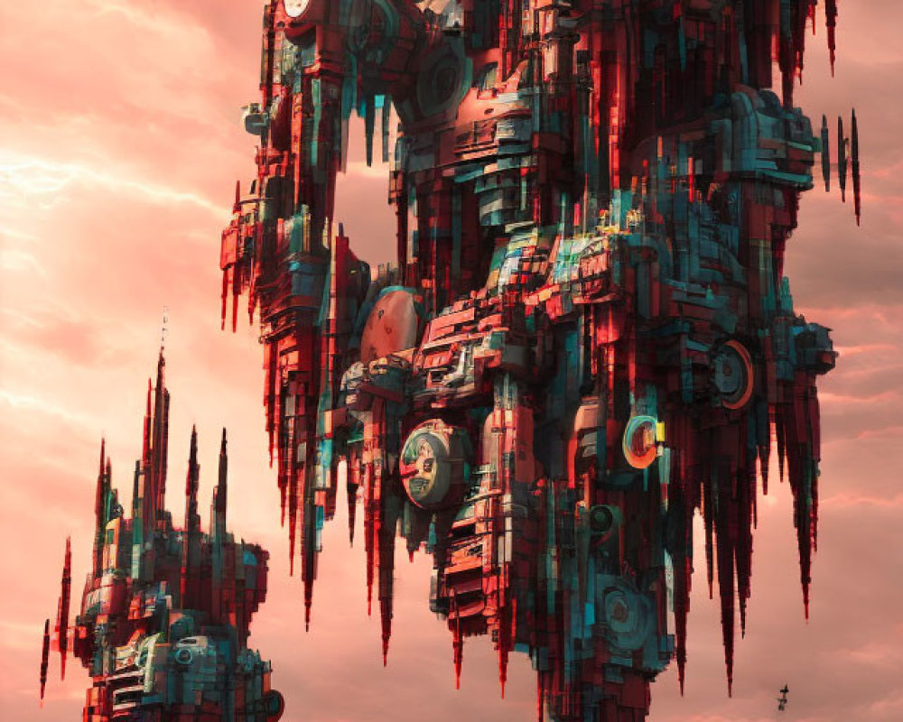 Futuristic floating city with tall structures in a reddish sky