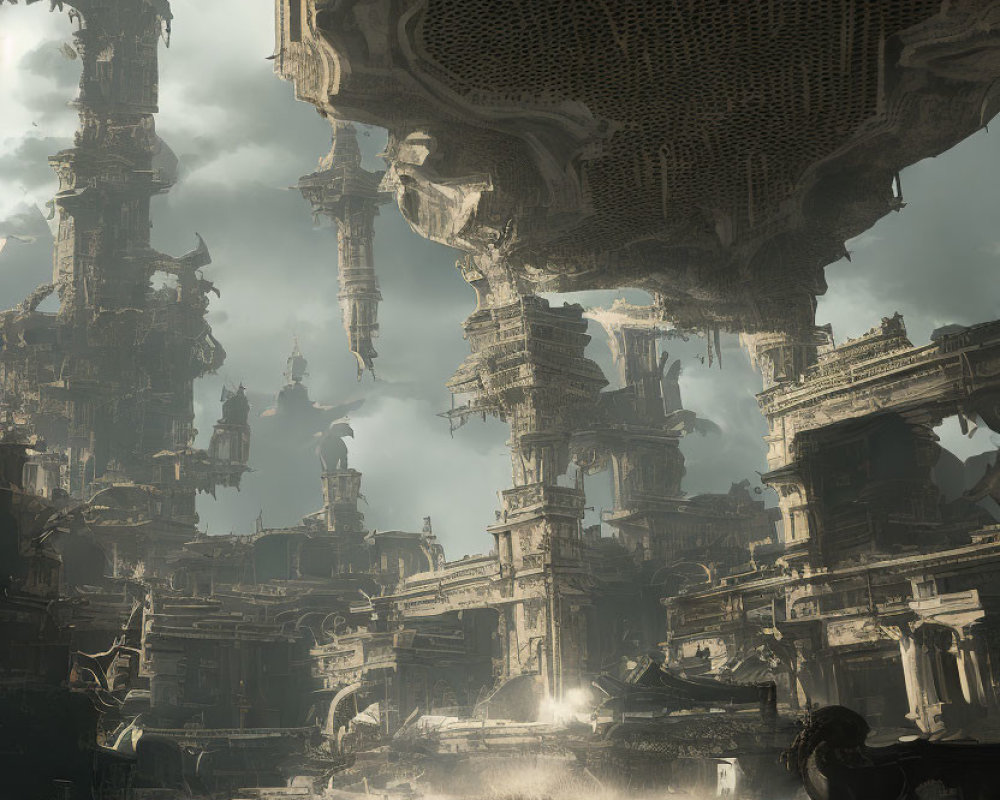 Dystopian landscape with towering structures and lone figure in ruins