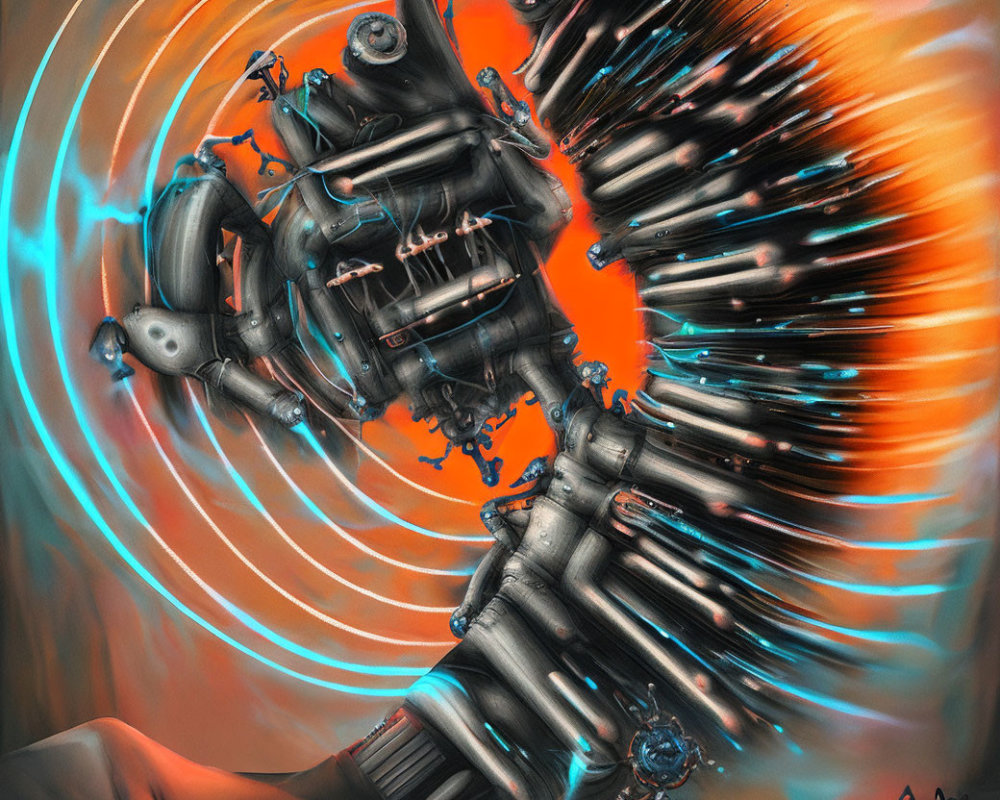 Robotic figure disintegrating in dynamic orange and blue swirl