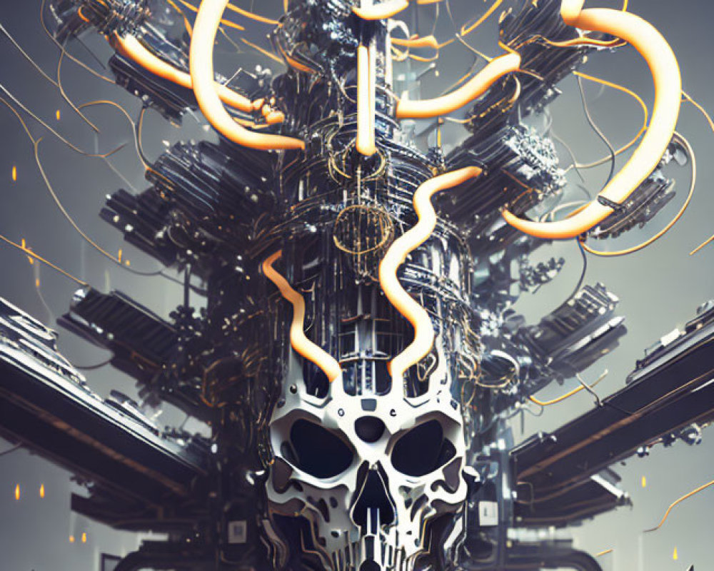 Digital artwork: Skull surrounded by intricate mechanical structures and orange cables