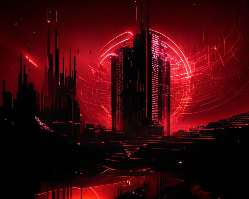 Futuristic red and black cityscape with neon lights and towering skyscrapers