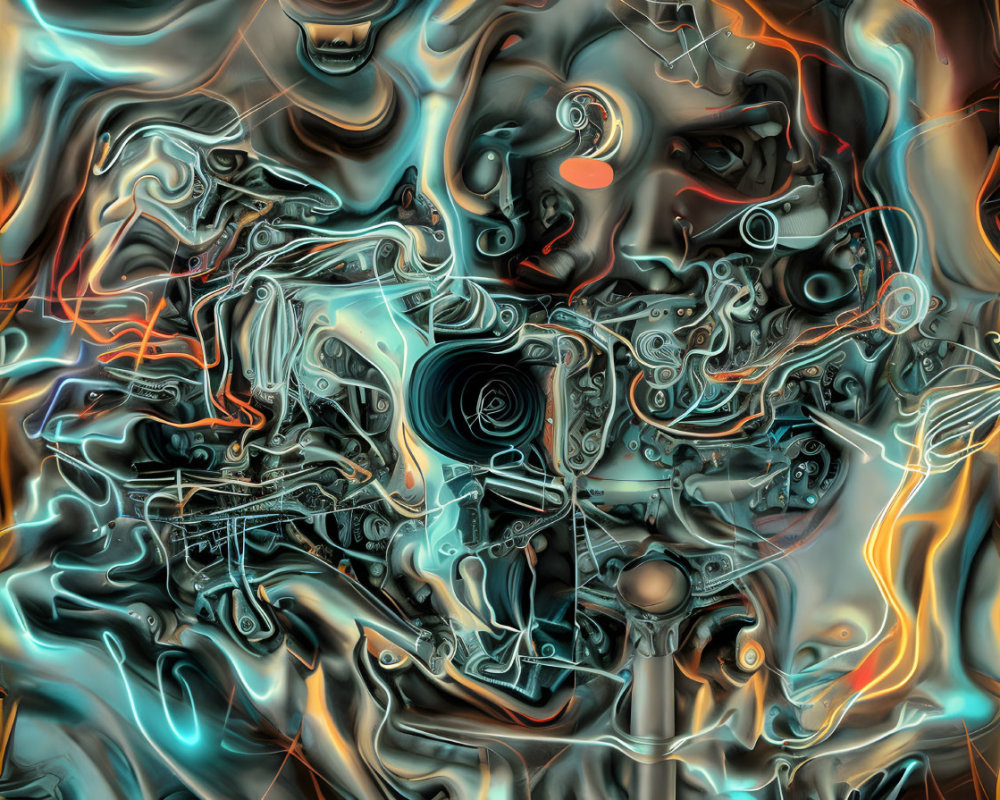 Abstract digital artwork: Fluid metallic textures in blue, orange, and gold