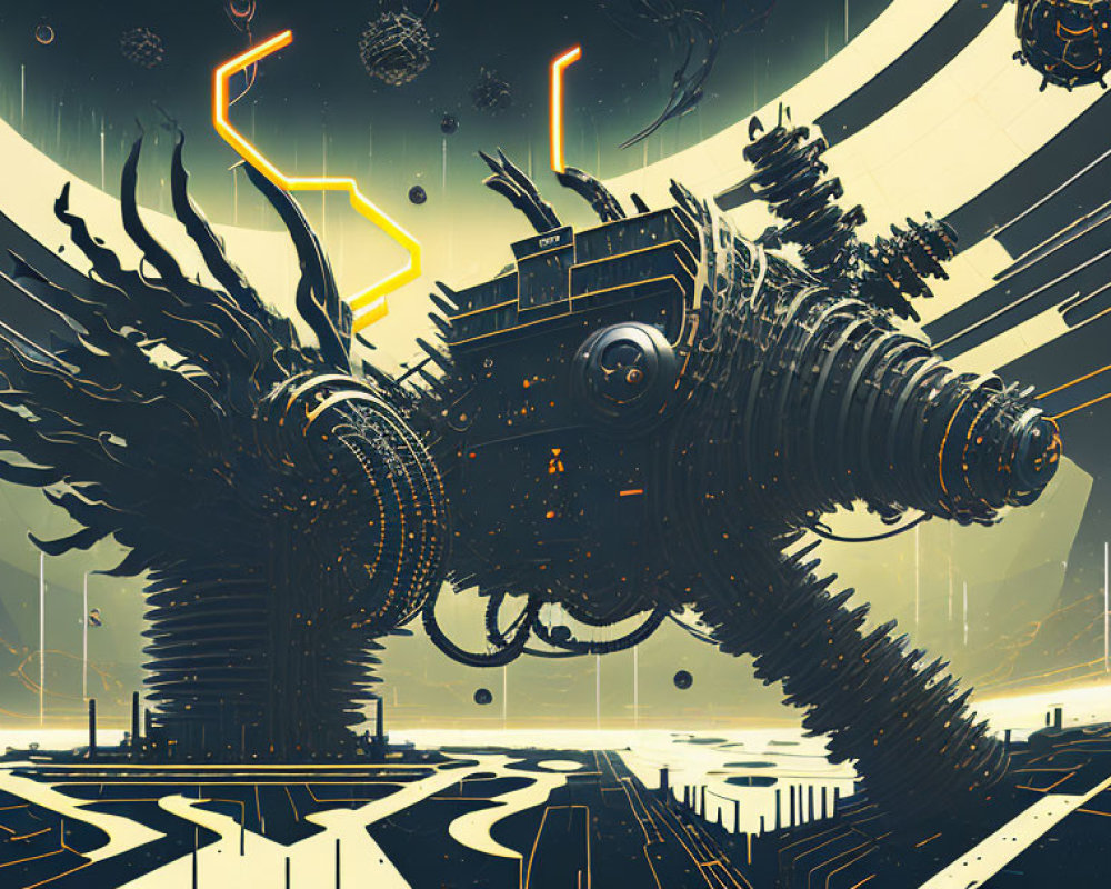 Surreal sci-fi landscape with colossal mechanical creature and floating spheres