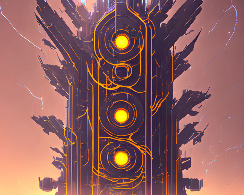 Futuristic structure with glowing orbs and blue core in dusky sky