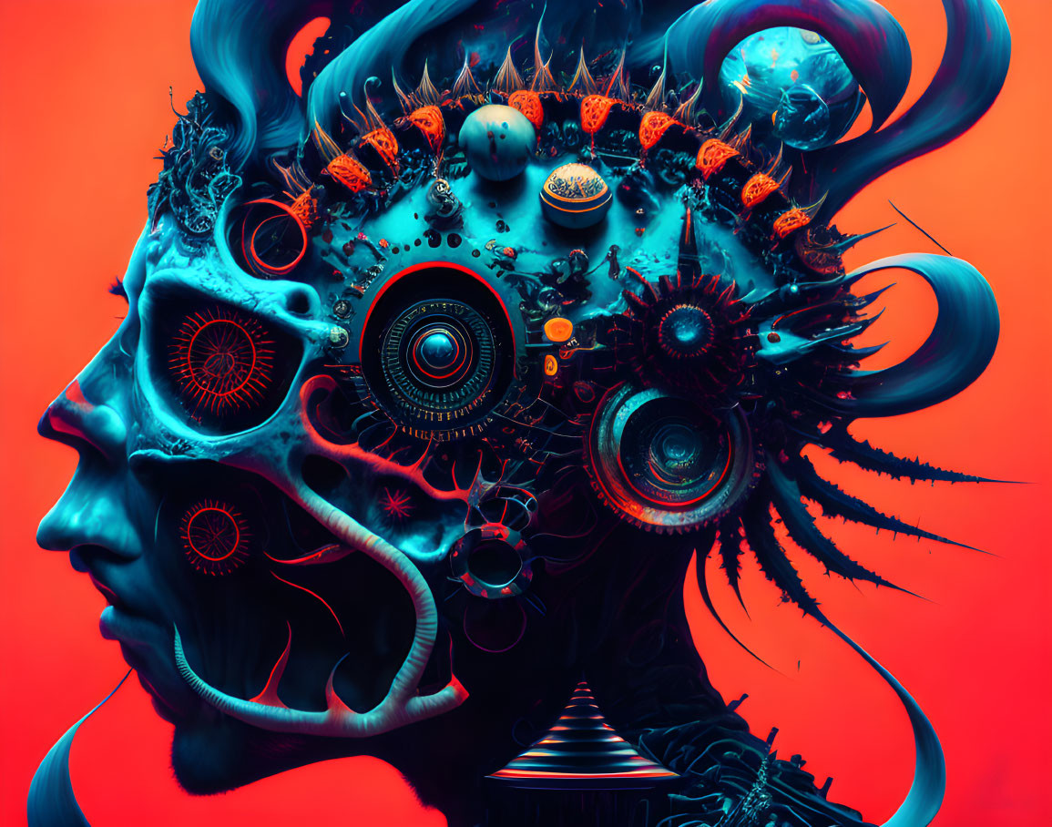 Abstract Digital Artwork: Mechanical Human Head with Gears in Orange and Blue