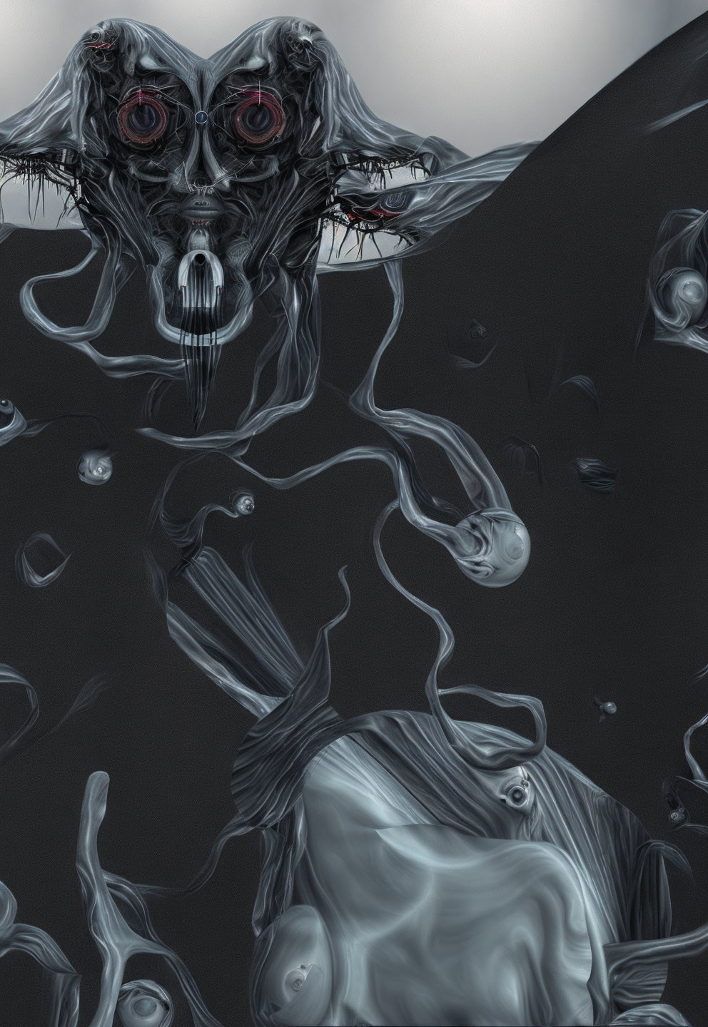 Monochromatic surreal artwork with central skull figure and red eyes surrounded by abstract shapes evoking ghostly