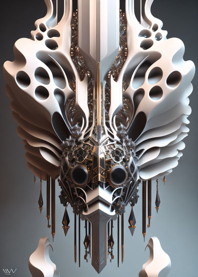 Detailed 3D art: Organic & mechanical fusion, white bone structures, golden gears, suspended shapes