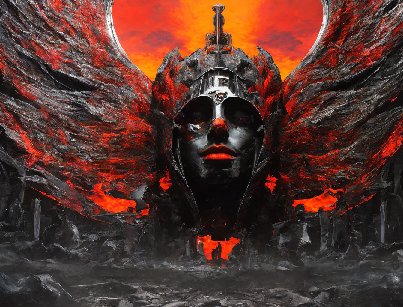 Dark figure with skull-like face in lava-filled, winged environment under red sky.