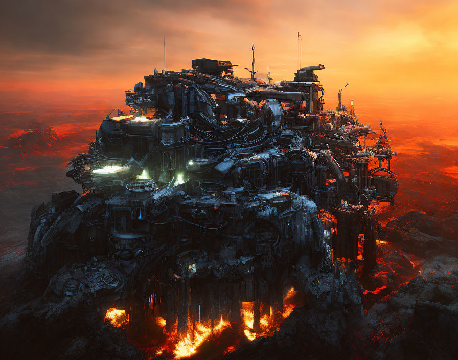 Intricate sci-fi fortress in apocalyptic landscape with glowing lights