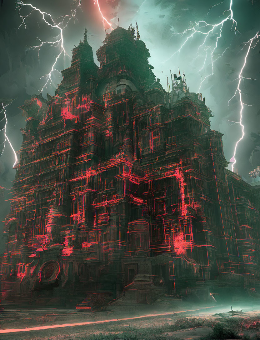 Dark Cyberpunk Building with Red Neon Lights in Stormy Sky