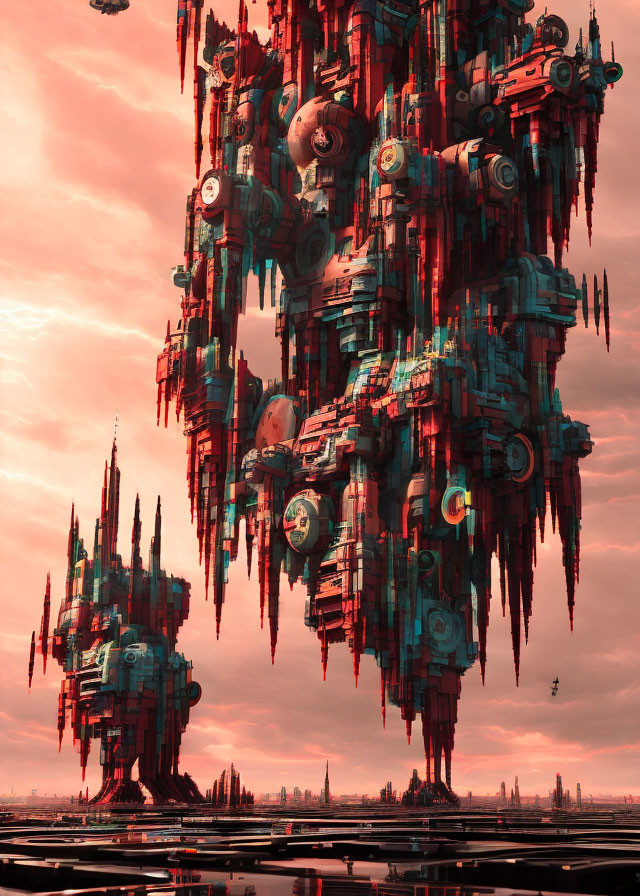 Futuristic floating city with tall structures in a reddish sky