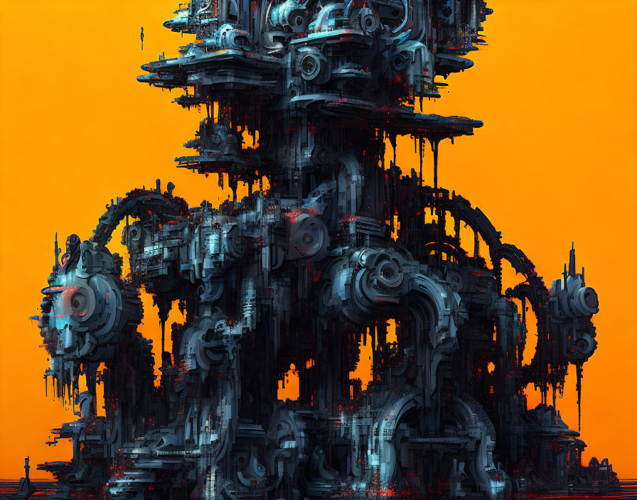 Intricate Industrial Megastructure Against Orange Background