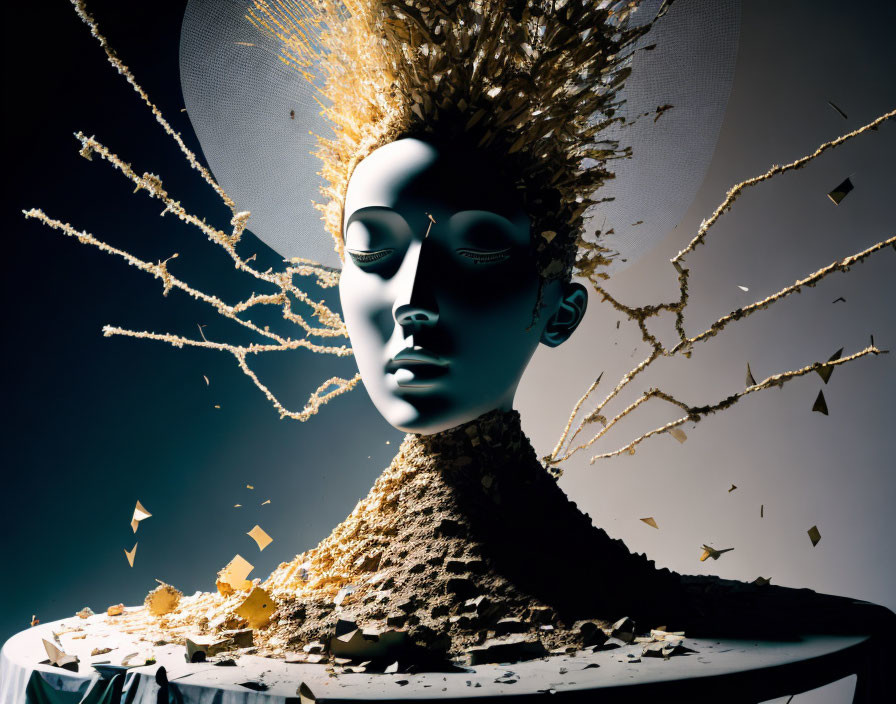 Conceptual art: Mannequin head with exploded crown emitting golden shards on shadowy backdrop